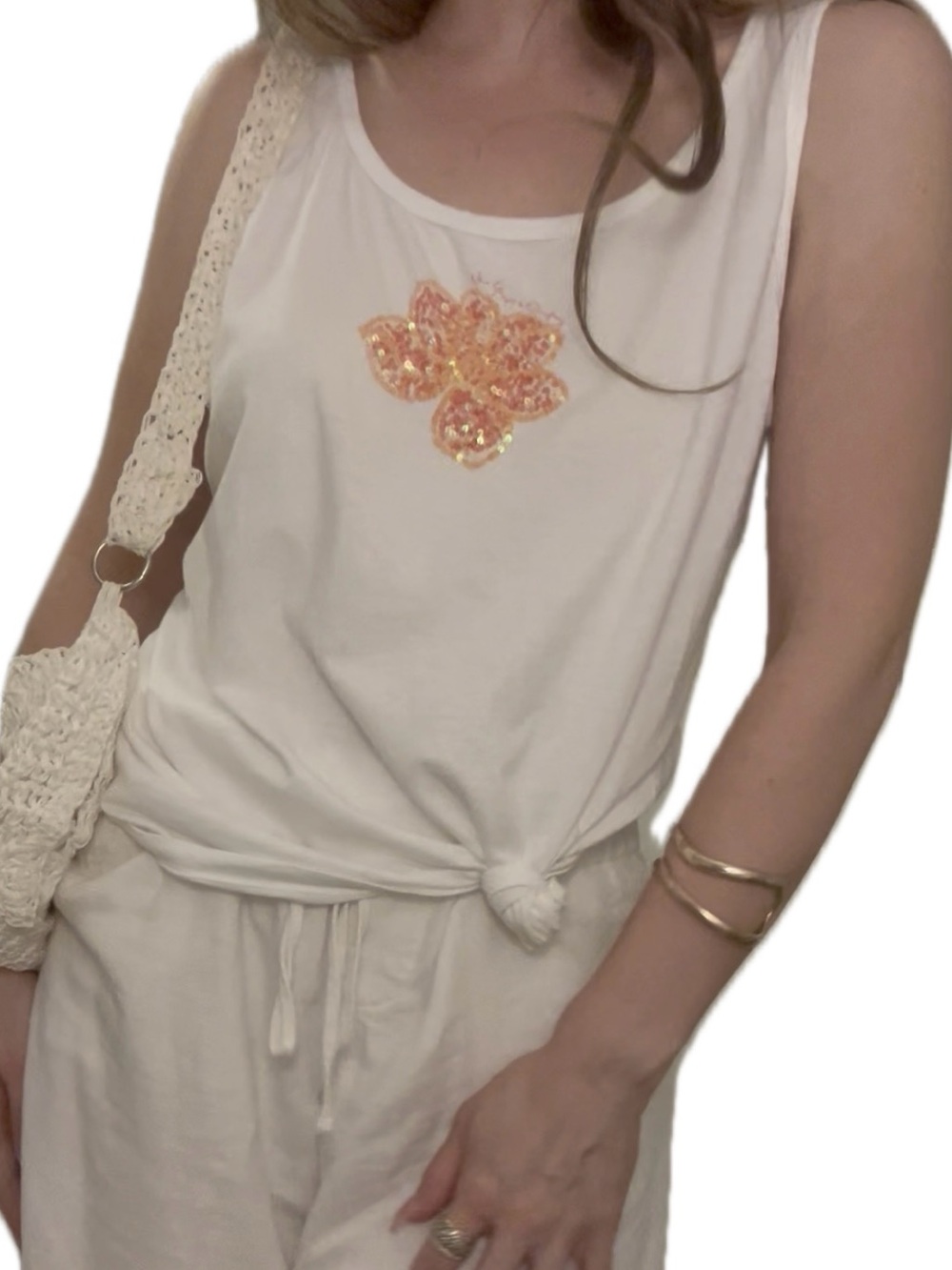 New York & Company White Sleeveless Tank with Peach-Gold Sequin Floral